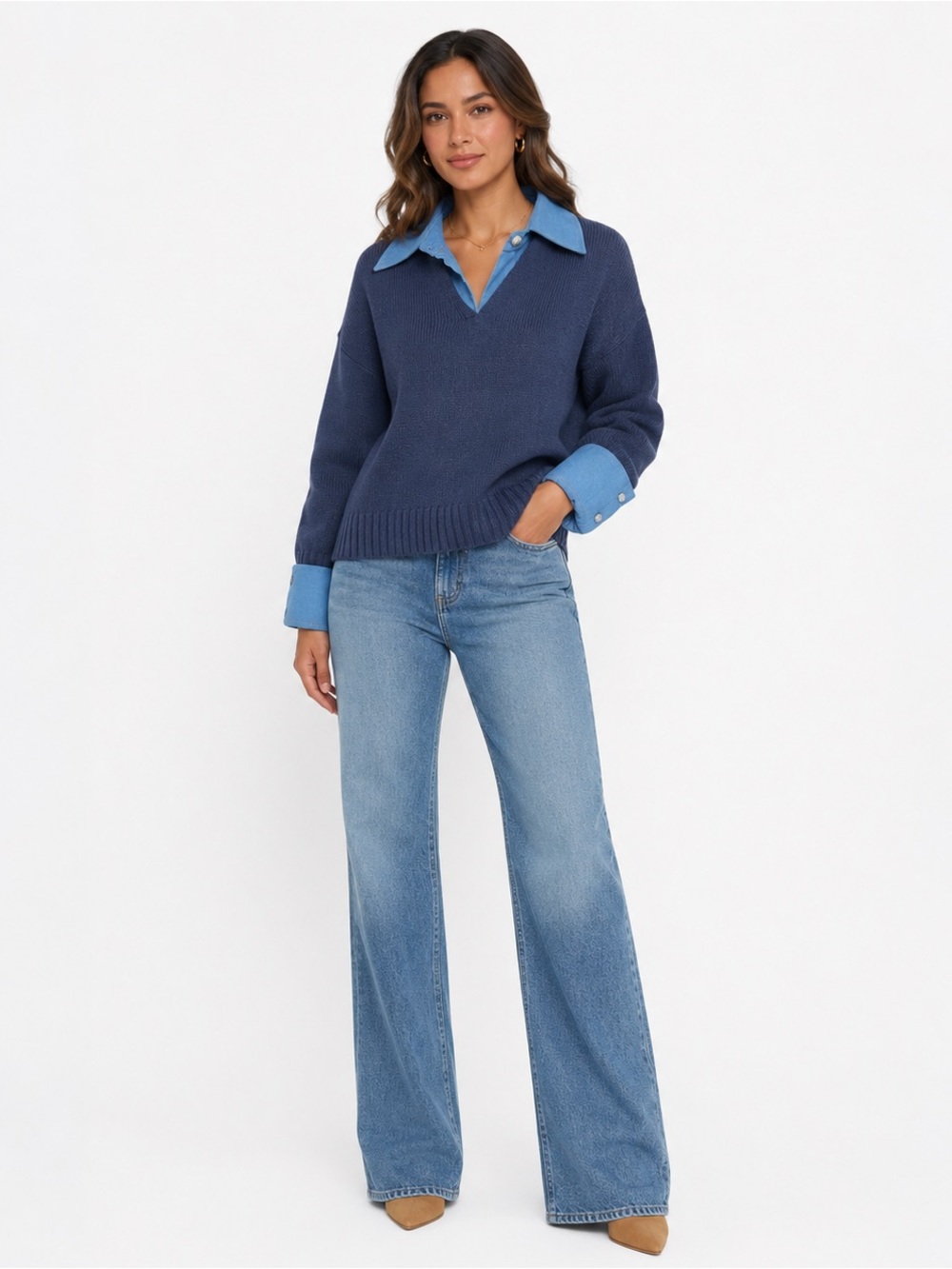 V-Neck Pullover Collared Sweater